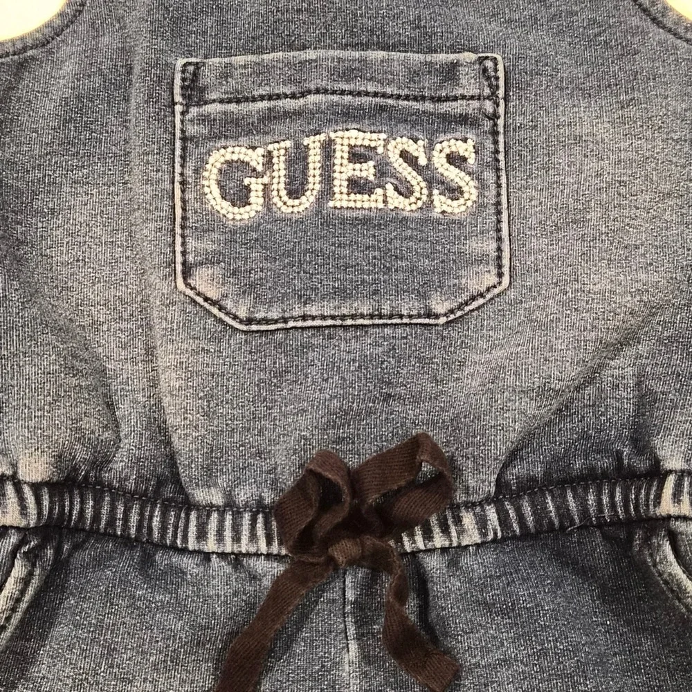 Guess Girls Denim Blue Romper Logo Straps Beaded Pocket Size 3